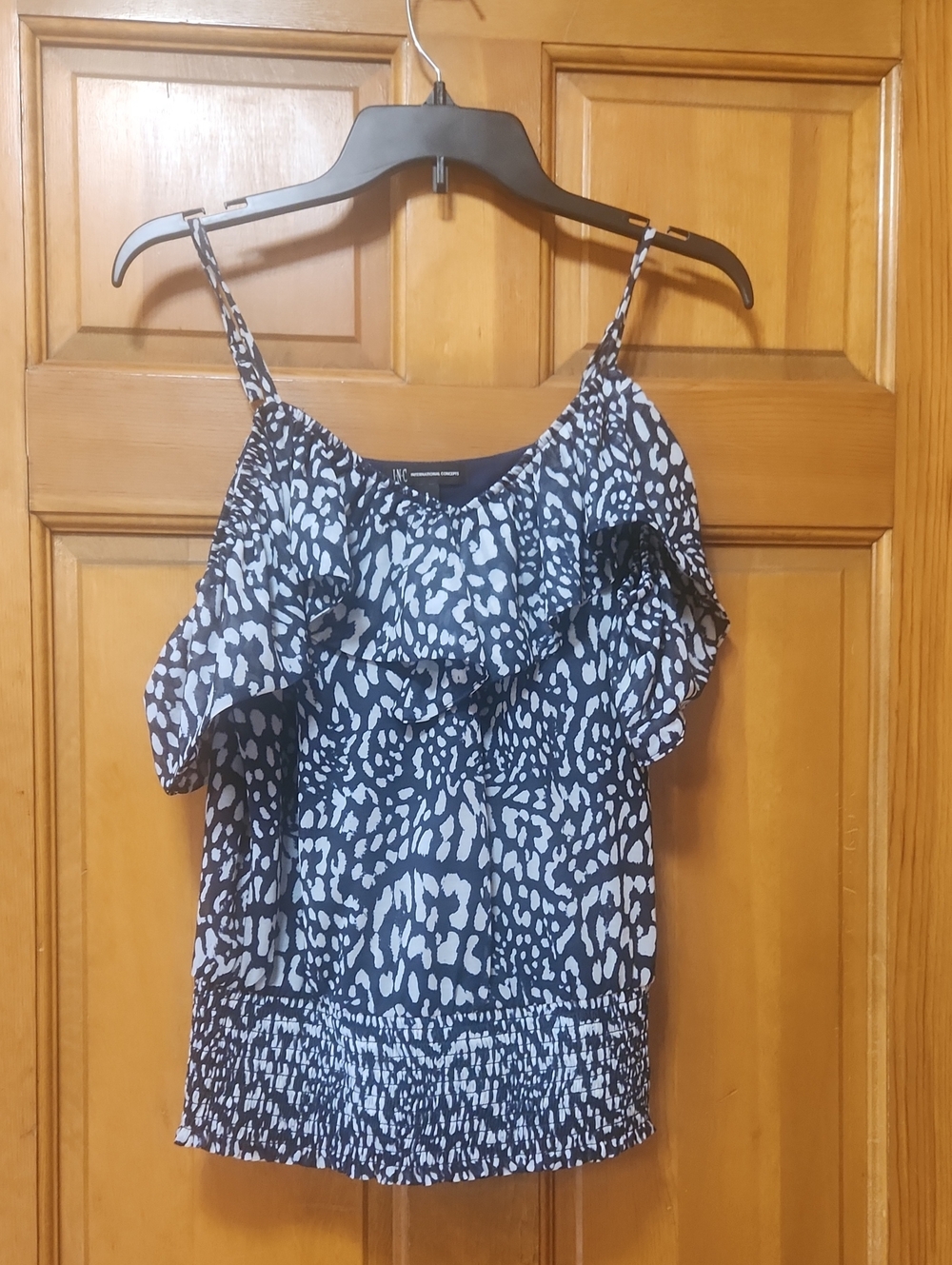 INC Macy's Cold Shoulder Blouse, Lined, Women's Size Small, Blue/White, GUC